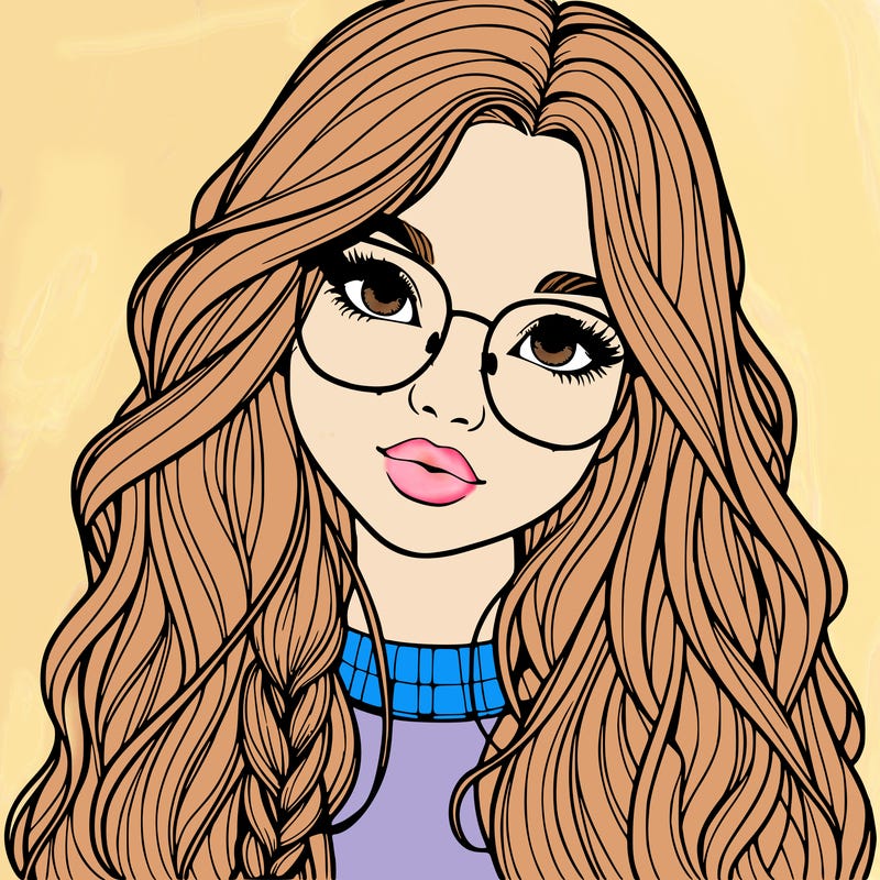 girl with long hair and freckles and glasses realistic