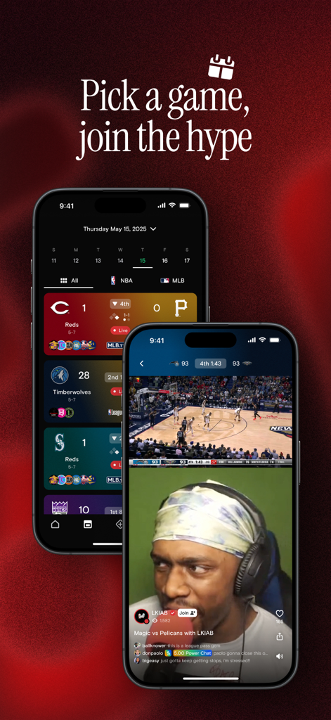 Playbackアプリが表示された2台のスマートフォン。ライブスポーツゲームのスケジュールと、バスケットボールの視聴パーティーをホストしているクリエイターが表示されている。