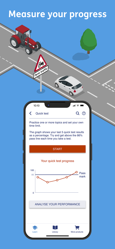 Screenshot of the Official DVSA Theory Test Kit app showing a progress tracking graph with results compared to a pass mark line.