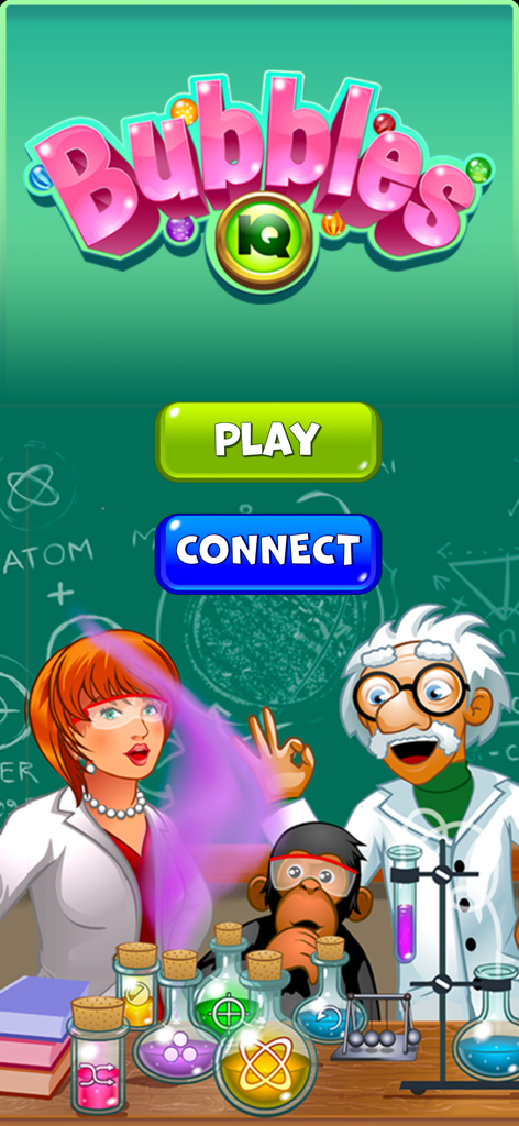 Bubbles IQ - Main menu of Bubbles IQ puzzle game showing cartoon scientists and a monkey in a laboratory