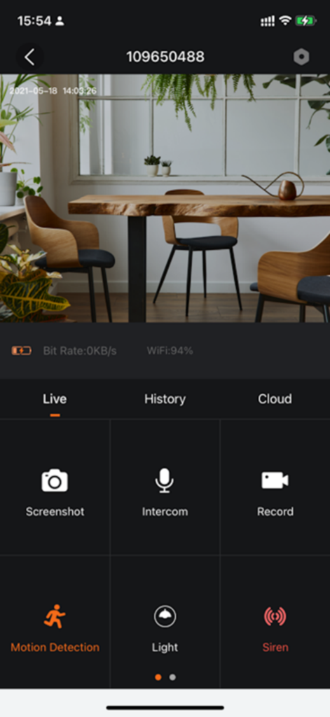 Safeview app interface showing a live video feed of a home interior with controls for intercom motion detection and siren
