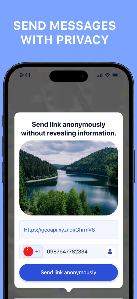 Interfaz de la aplicación Family Location que muestra cómo enviar un enlace de rastreo de forma anónima por número de teléfono