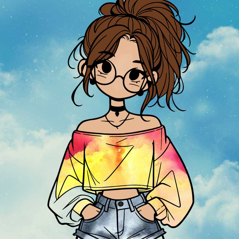 girl with a messy ponytail glasses a baggy crop top and jean shorts