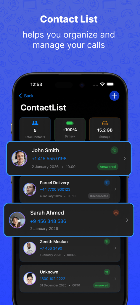 Interfaccia dell'app mobile Who Called Plus che mostra l'elenco contatti, la cronologia chiamate e le informazioni sul sistema del dispositivo