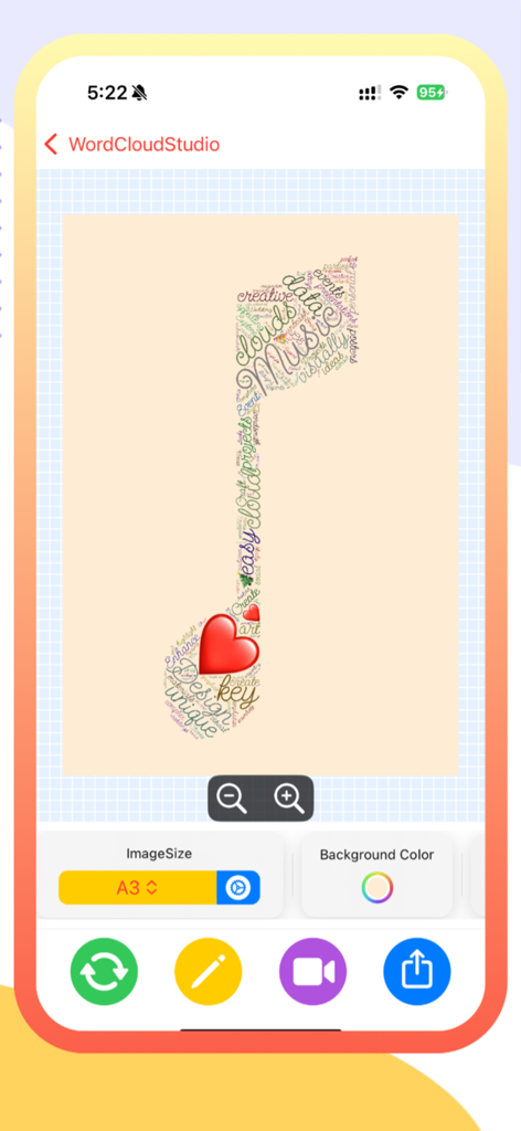 WordCloudStudio - WordArt Tool - WordCloudStudio app interface featuring a musical note shaped word cloud with customizable background and image size settings