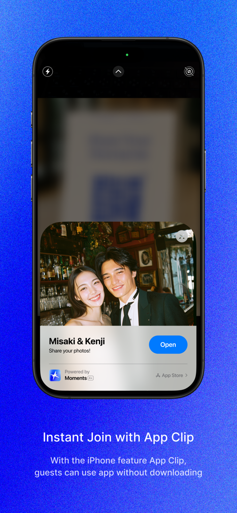 Smartphone screen displaying the Moments wedding camera app clip for instant guest access without a download