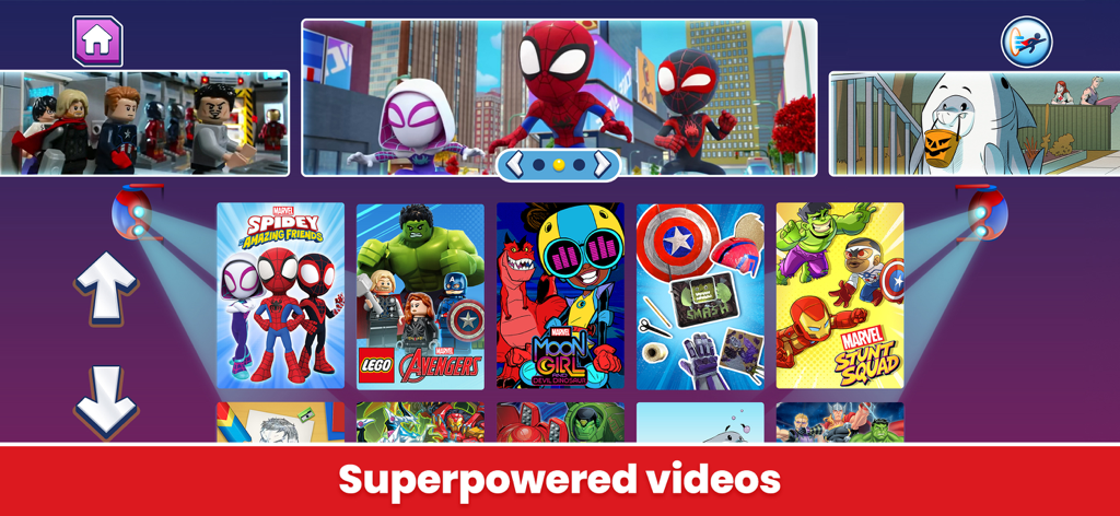 Pantalla de la aplicación Marvel HQ mostrando un menú de videos de superhéroes para niños con Spidey y los Vengadores