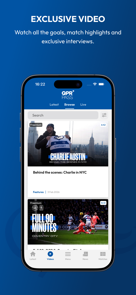 QPR FC公式アプリのインターフェースには、限定ビデオコンテンツと試合ハイライトが表示されています