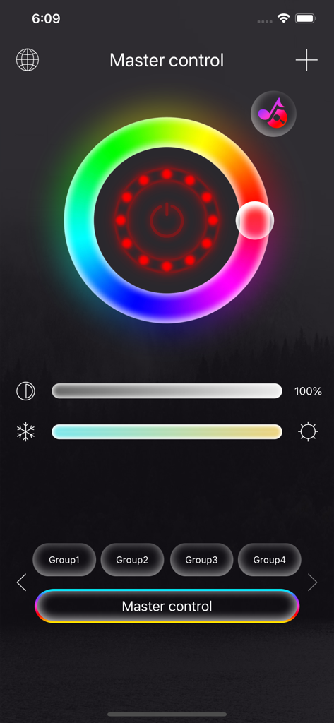 iStrip plus app master control interface with color wheel and brightness settings