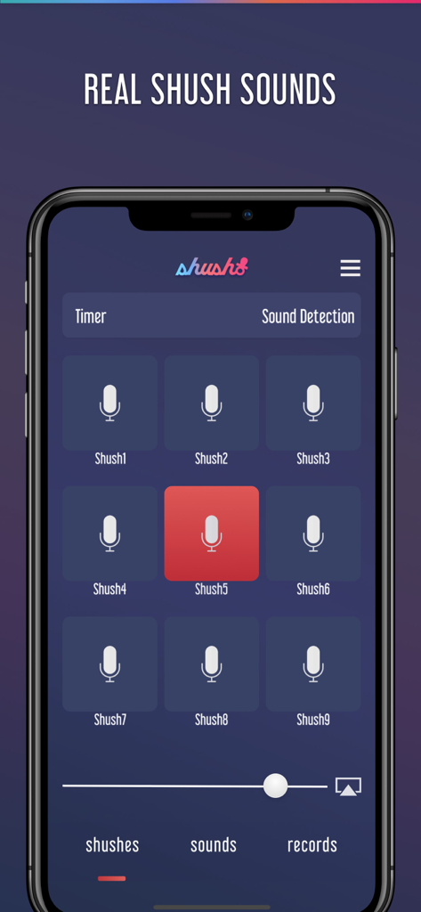 Interface of Shush baby app showing a selection of rhythmic shushing sounds to help infants sleep