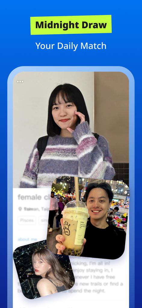 Dcard–Share What You’re Into - Interfaz de la aplicación Dcard que muestra la función de emparejamiento diario Midnight Draw con perfiles de usuario