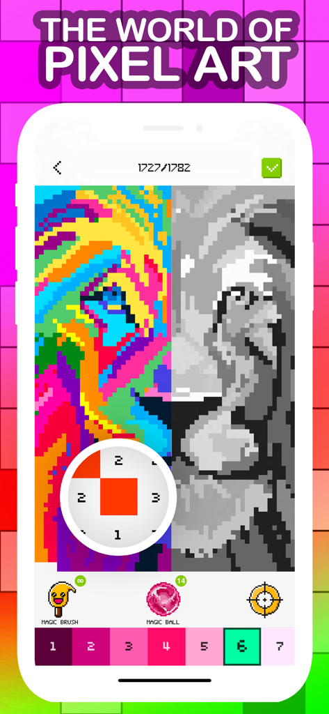 Magico: Fun Pixel Art Coloring - The Magico app interface showing a colorful pixel art image being colored by numbers