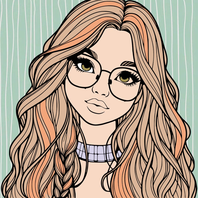 girl with long hair and freckles and glasses realistic