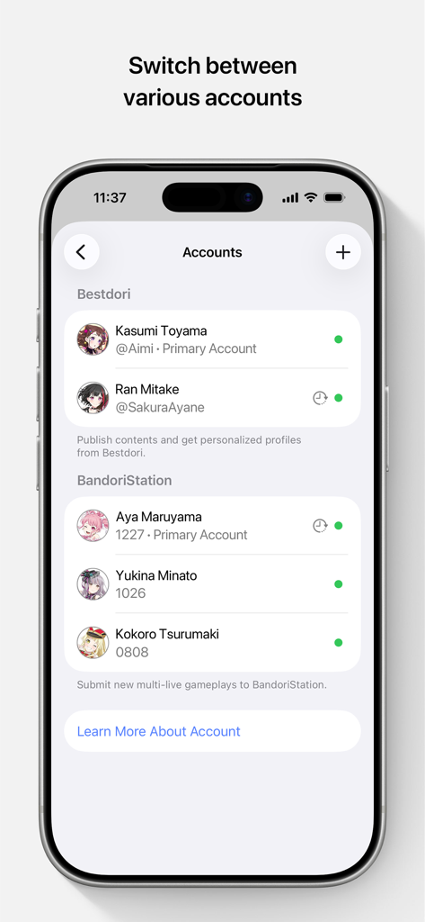 Greatdori! - Pantalla de gestión de cuentas de la aplicación Greatdori que muestra perfiles vinculados de Bestdori y BandoriStation en un iPhone