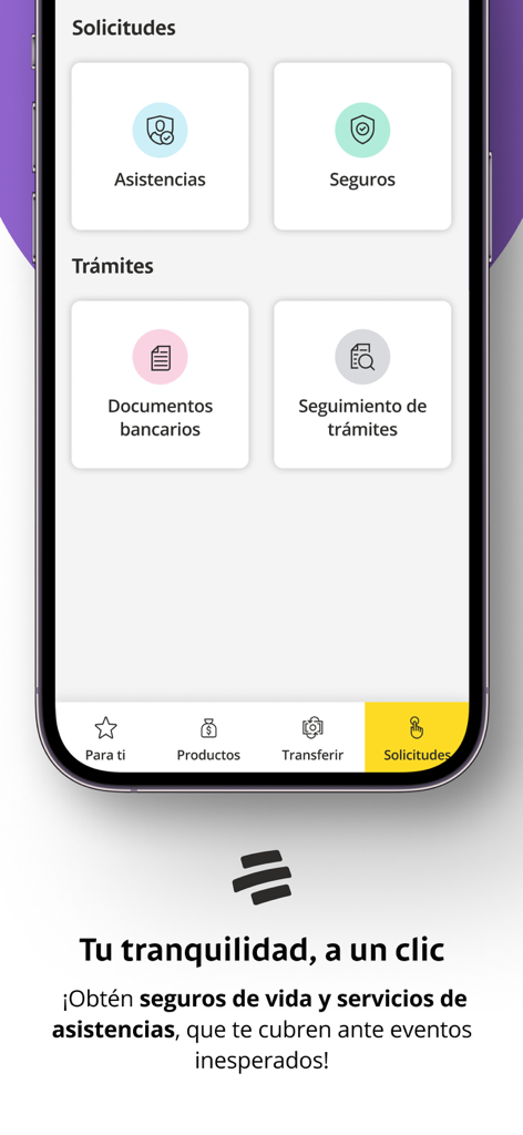 Banistmo app interface showing service requests for insurance and banking documents.