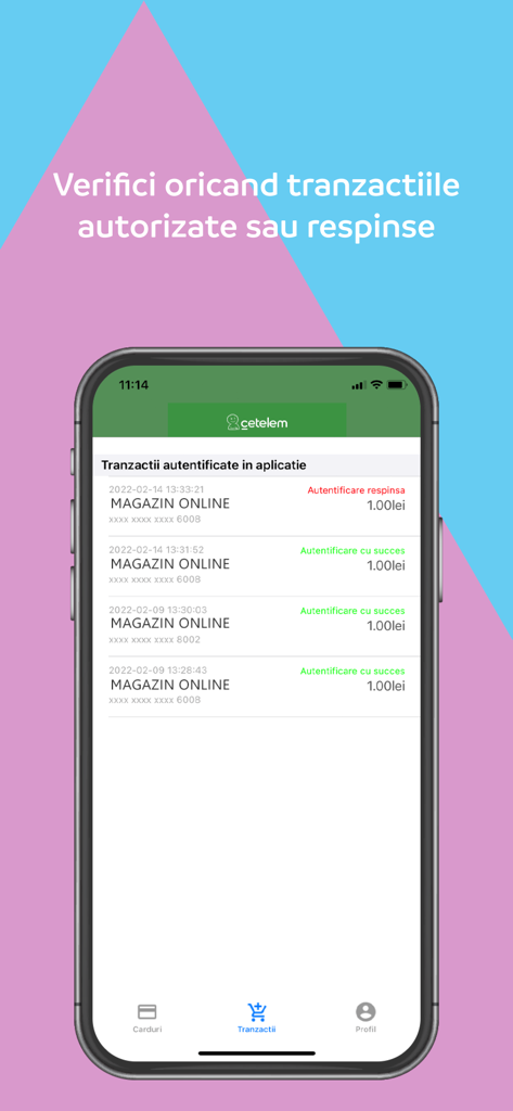 iPhone che mostra la cronologia delle transazioni dell'app Cetelem 3D Secure con un elenco di pagamenti online autorizzati e rifiutati.