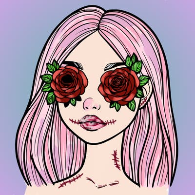 a realistic girl with roses for eyes