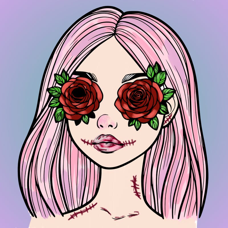 a realistic girl with roses for eyes