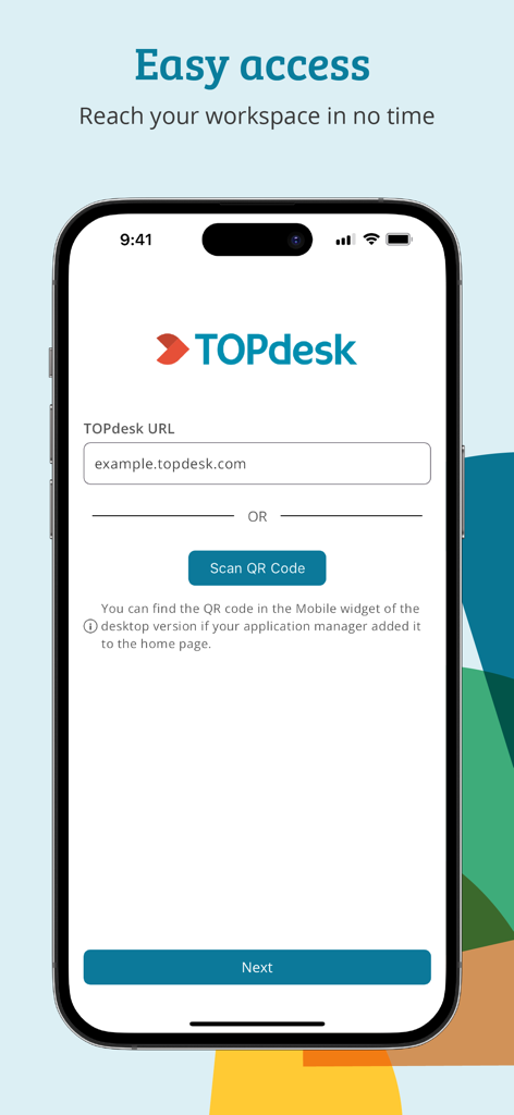 Schermata di accesso dell'app mobile TOPdesk con opzioni di inserimento URL e scansione codice QR per un facile accesso