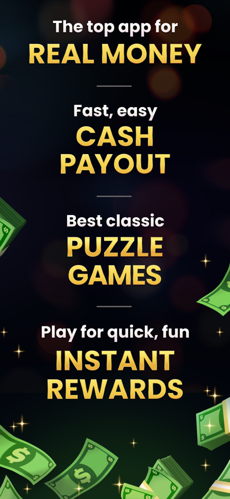 Screenshot promozionale per Cash Out Club che evidenzia pagamenti in denaro reale e giochi puzzle classici con grafiche di denaro che cade
