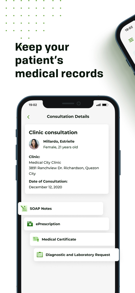 PPD Clinic app interface showing patient consultation details and medical records management