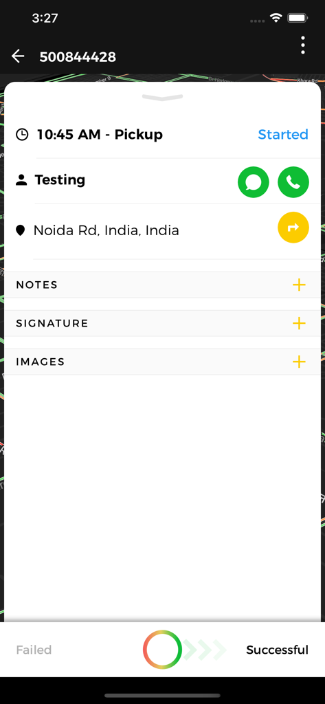Rapido Rider - Interfaz de la aplicación Rapido Rider que muestra los detalles de recogida, la ubicación y las opciones de estado de entrega