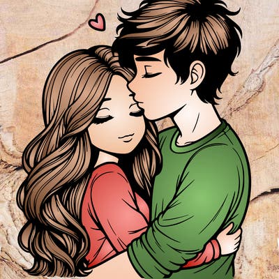 a realistic couple boy and girl hugging and kissing