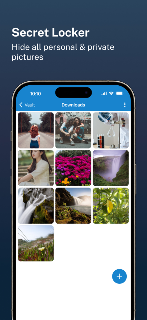 C Vault : Privacy Vault - Interfaz de la aplicación C Vault que muestra una galería de fotos personales ocultas en un casillero secreto.