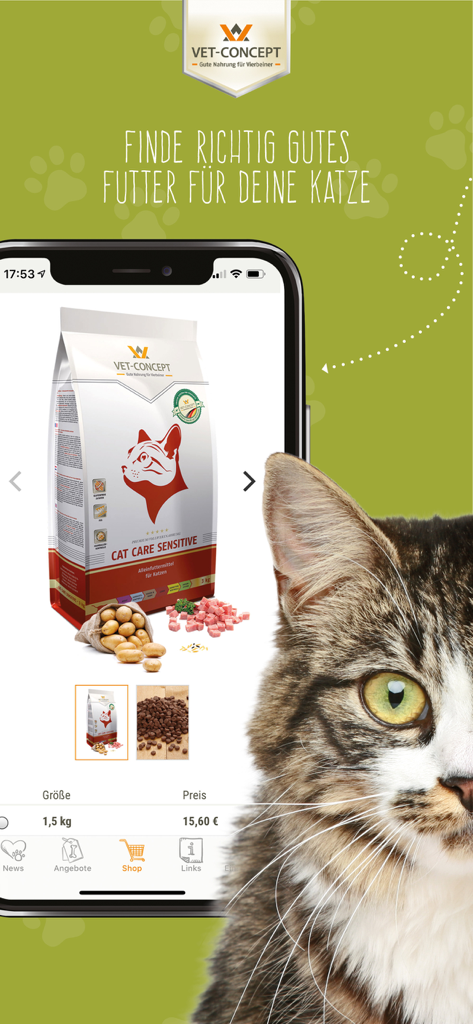 Vet-Concept - Mobile App-Oberfläche für Vet-Concept, die empfindliches Katzenfutter und eine Katze zeigt