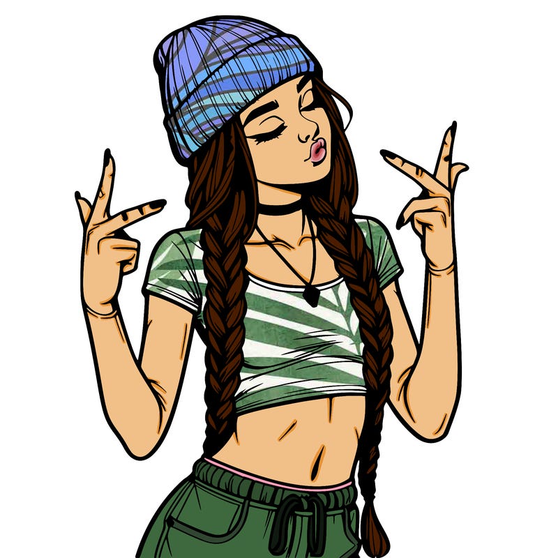 realistic teenage girl with braids and a beanie and crop top doing 🫶🏼