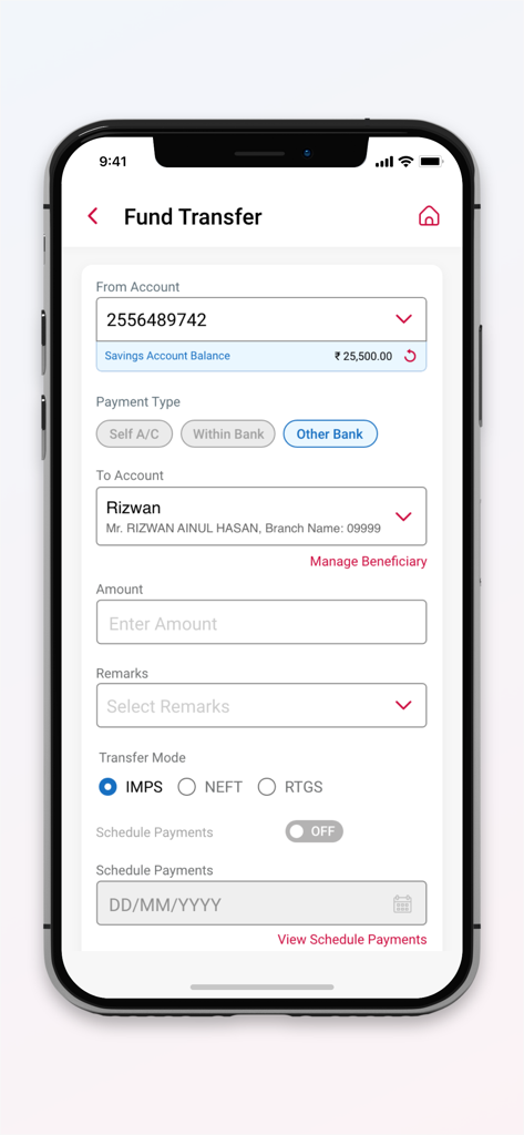 CentMobile - CentMobile app fund transfer interface showing account and payment details