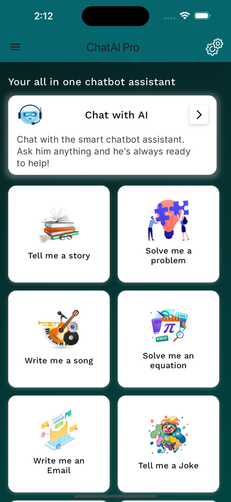 ChatPro - AI Assistant - Dashboard of ChatPro AI Assistant app showing specialized prompt categories for writing, math, and creative tasks