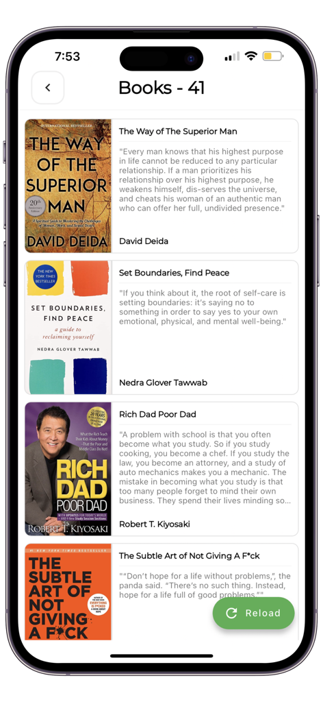 Quote Keeper: Save Book Quotes - Digital library in the Quote Keeper app showing saved quotes from popular books like Rich Dad Poor Dad