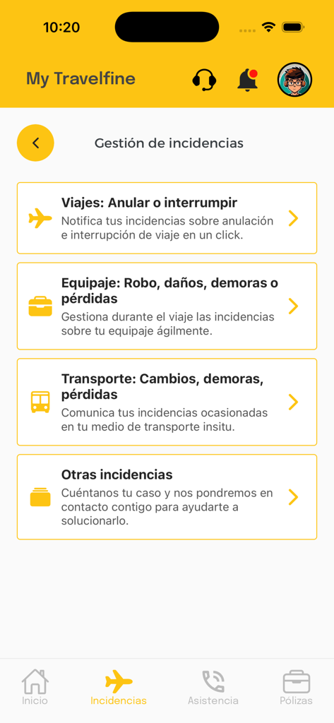 Travelfine - Travelfine app incident management screen showing options for reporting issues with trips luggage and transport
