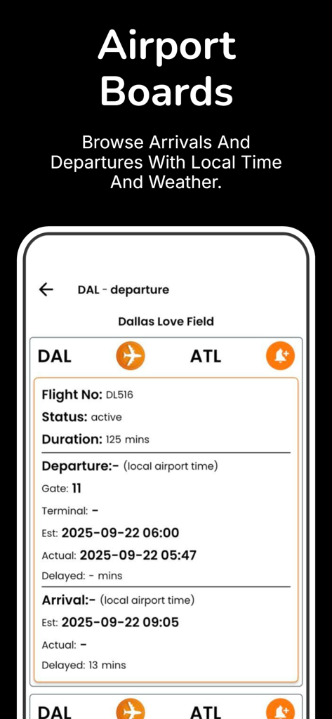 Flight Radar Tracker - Smartphone screen displaying airport departures and arrivals with flight status for Dallas Love Field