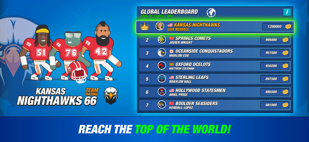 Touchdowners 2 - Mad Football - Global leaderboard screen in Touchdowners 2 showing the top ranked American football teams