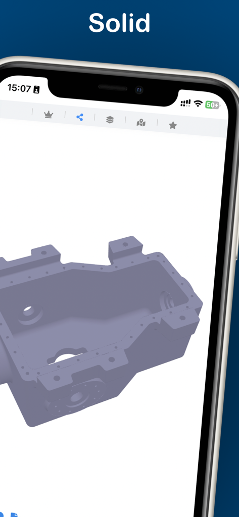 STEPファイルビューアアプリを使用したiPhone画面に、ソリッドレンダリングモードで3D機械部品が表示されています。