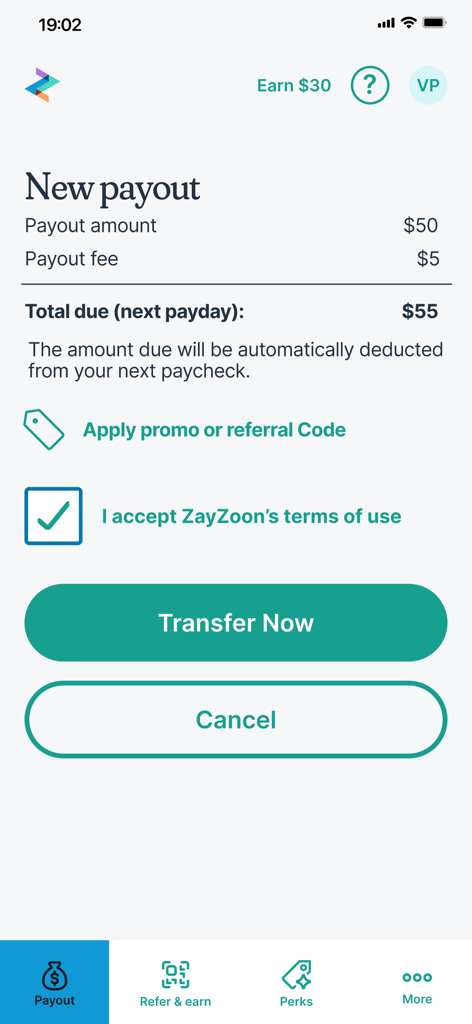ZayZoon - Wages On-Demand - ZayZoonからのモバイルアプリインターフェース。5ドルの固定料金で50ドルの新しい賃金支払いリクエストを表示しています。