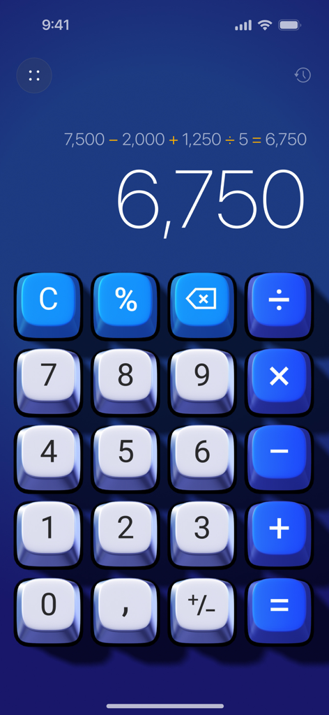 Basic Calculator with History - Basic Calculator 3D app with blue buttons and calculation history on screen