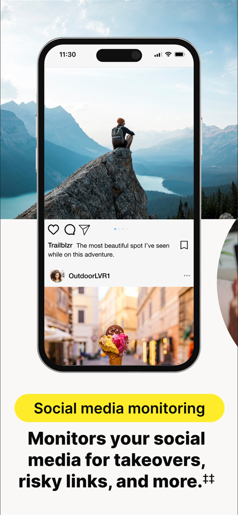 LifeLock app screen highlighting social media monitoring for account takeovers and risky links