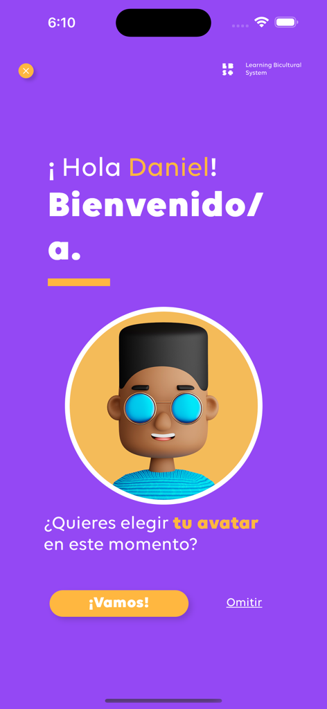 Welcome screen of the LBS Plus app featuring a personalized greeting and a character avatar selection prompt.