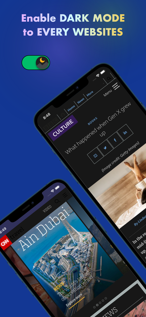 Browser - Dark Mode for Safari - Dos iPhones mostrando sitios web de noticias con el modo oscuro activado a través de una extensión de Safari