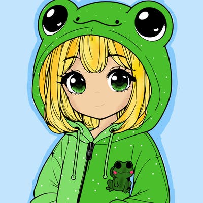 cute realistic girl in a froggy hoodie