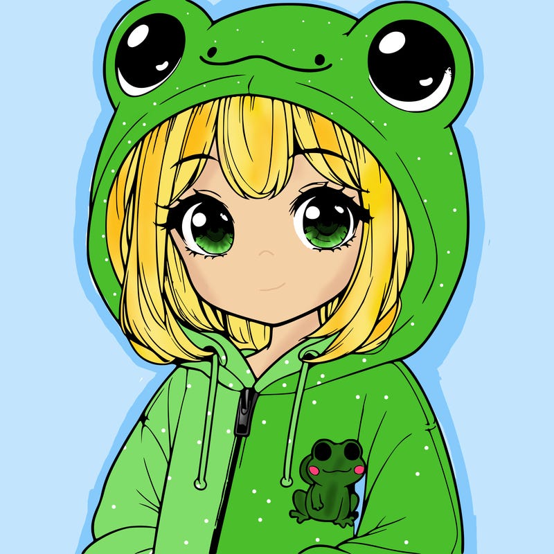 cute realistic girl in a froggy hoodie