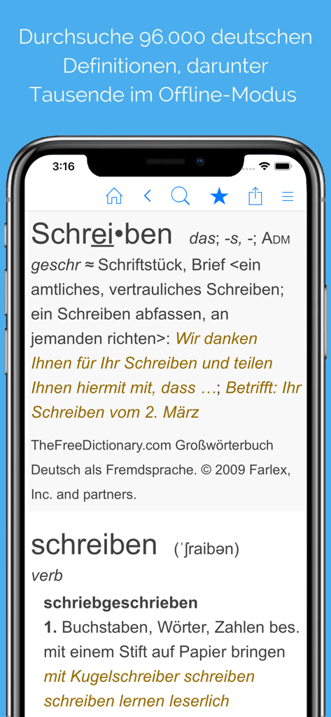 German dictionary app interface showing definitions and verb conjugations for the word schreiben.