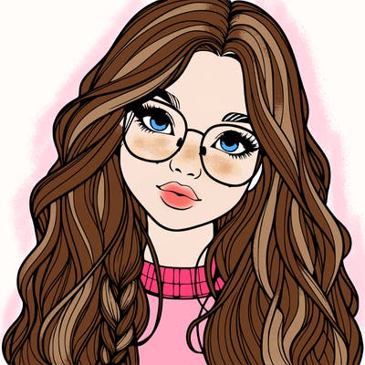 girl with long hair and freckles and glasses realistic