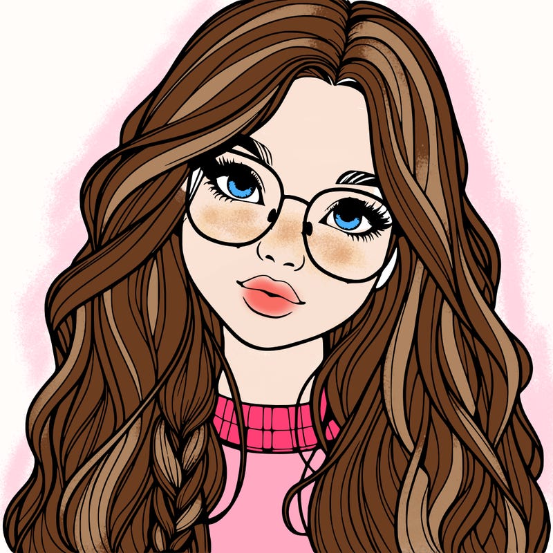 girl with long hair and freckles and glasses realistic