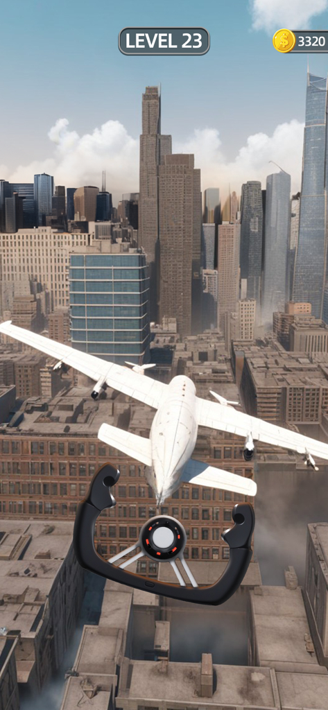 Un avión blanco volando a través de una densa ciudad de rascacielos en Sling Plane 3D