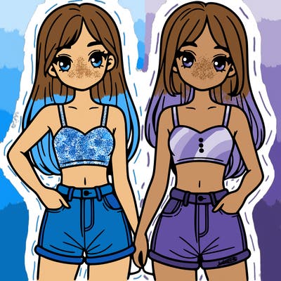 two sisters with crop tops and jean shorts and straight hair