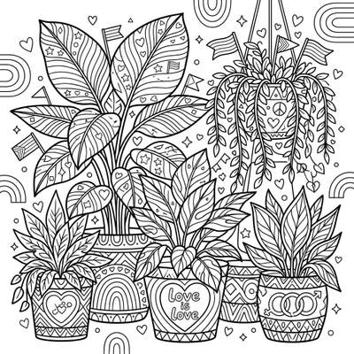 Dive into a vibrant celebration of love and diversity with this unique coloring page featuring beautifully adorned foliage houseplants. Each plant and pot is infused with elements of Pride Month, perfect for expressive adult and teen colorists.